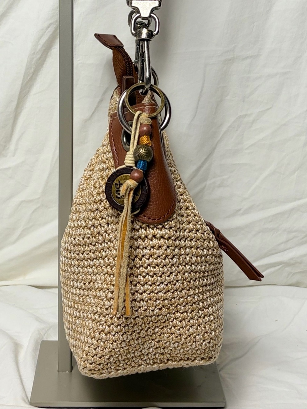The Sak Crochet Shoulder Hobo Bag – Neutral/Tan Leather Trim Boho Purse - Picture 3 of 6